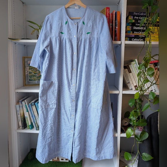 Vintage Other - Vintage Nightgown Maxi Blue Gingham Flowers Embroidered Snap Buttondown Medium